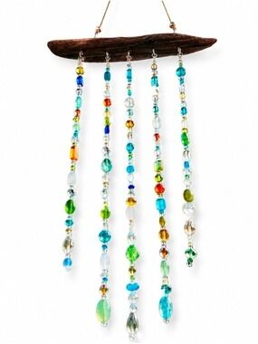 Handmade Driftwood Sun Catcher | Glass Bead Mobile | Coastal Boho Decor